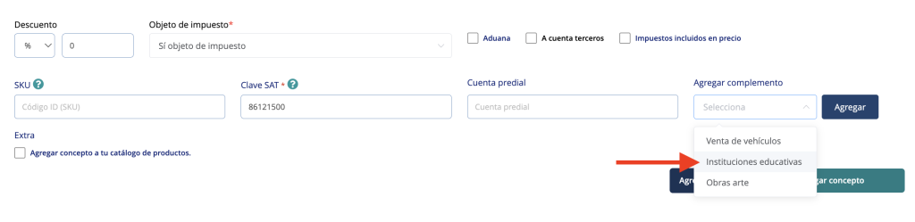 Sección conceptos señalando el complemento a agregar